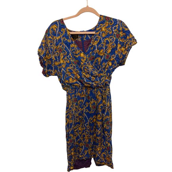 Vintage Silk Patterned Blue Front Tie Wrap Dress Retro Swing Women Midi - Picture 1 of 7